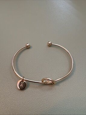 Gold Knot Cuff Bracelet with Initial Charm - A
